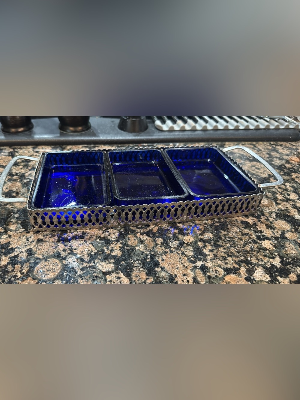 Vintage Mid-Century silver-plated relish tray with 3 Cobalt inserts